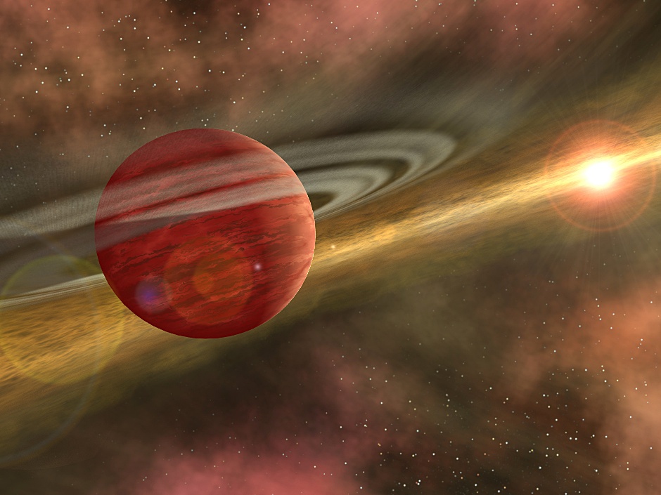 Artist's impression of a gas-giant planet (possibly a "hot Jupiter") forming in the protoplanetary disk of its host star. [NASA/JPL/Caltech/R. Hurt]
