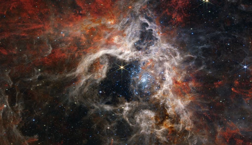 The JWST captured this image of the Tarantula Nebula and its R136 starburst region with its Near-Infrared Camera (NIRCam) instrument. The most active region appears to sparkle with massive young stars, appearing pale blue. Image Credit: NASA, ESA, CSA, STScI, Webb ERO Production Team 