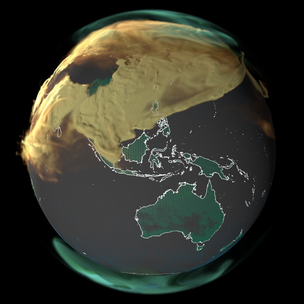Carbon dioxide measurements over Asia and Australia in 2021. This is a still frame from a video created by NASA Science Visualization Studio.