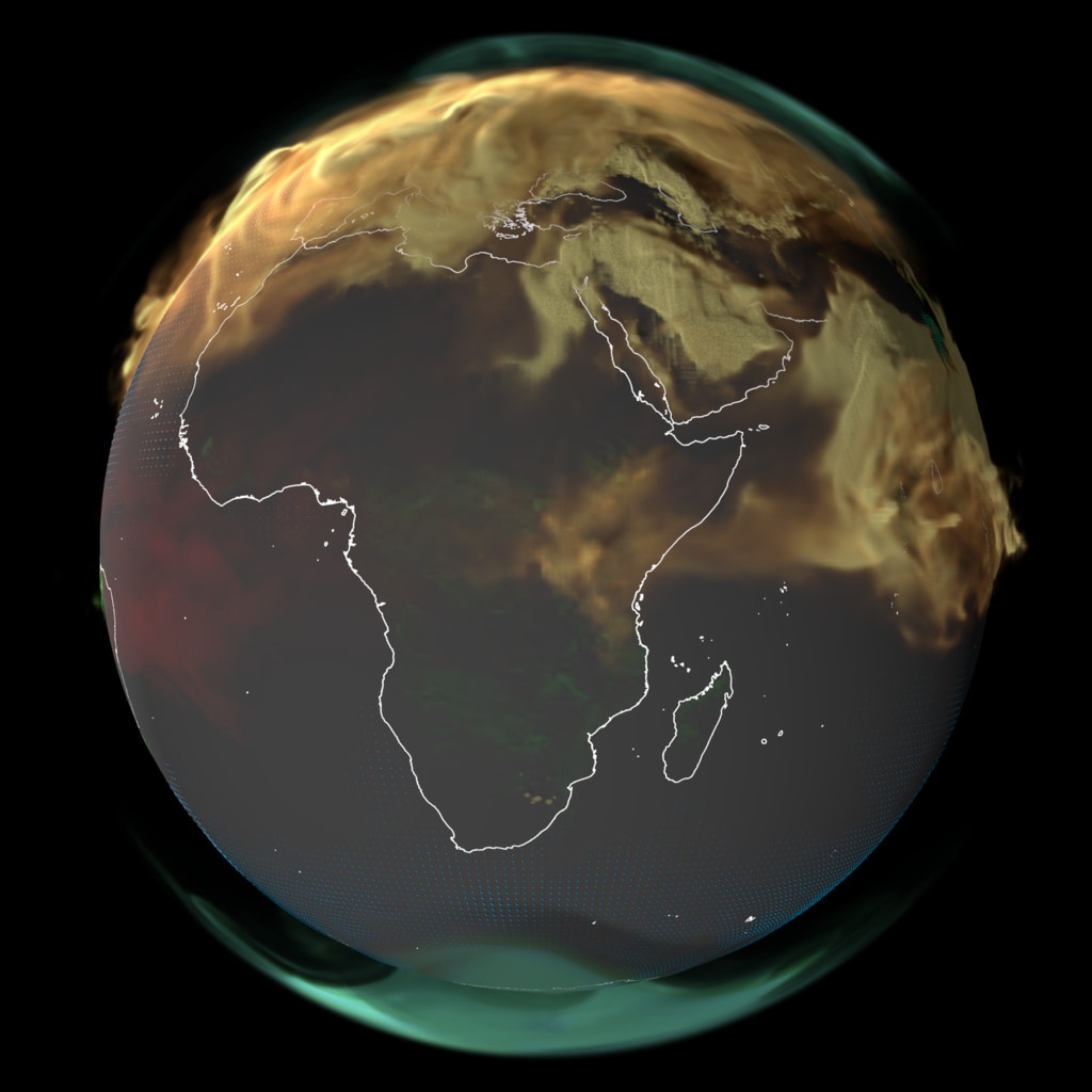This is a still frame from a video showing carbon dioxide cycle over Africa in 2021. Courtesy NASA's Scientific Visualization Studio.