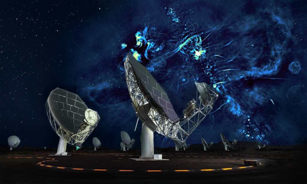 A radio image of the central portions of the Milky Way galaxy composited with a view of the MeerKAT radio observatory. Radio bubbles and associated vertical magnetized filaments can be seen. Courtesy: MeerKAT/SARAO/Oxford University/Heywood