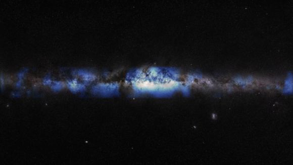 An artist’s concept of the Milky Way seen through a neutrino lens (blue). Credit: IceCube Collaboration/U.S. National Science Foundation (Lily Le & Shawn Johnson)/ESO (S. Brunier)