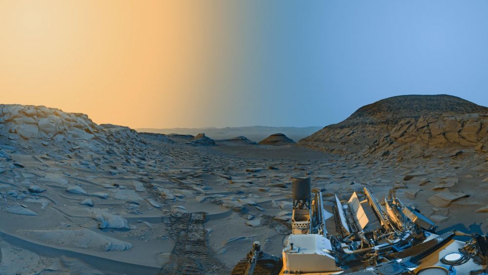 A "postcard" from Mars Curiosity rover combines two images at two different times of day with a color overlay to show the different views. Courtesy NASA/JPL-Caltech
