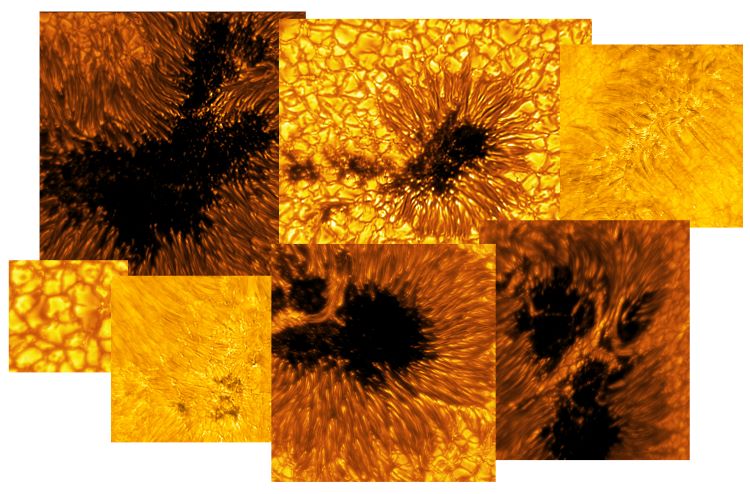 This is a collage of solar images captured by the Inouye Solar Telescope. Images include sunspots and quiet regions of the Sun, known as convection cells. (Credit: NSF/AURA/NSO)