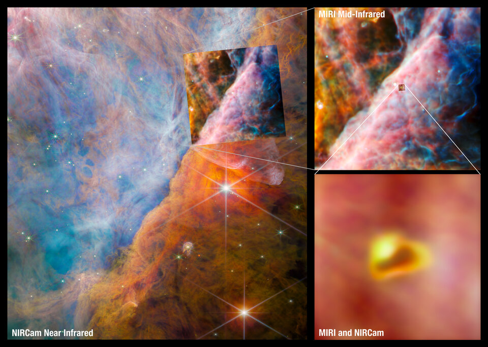 An international team of scientists have used data collected by the NASA/ESA/CSA James Webb Space Telescope to detect a molecule known as the methyl cation (CH3+) for the first time, located in the protoplanetary disc surrounding a young star. This graphic shows the area, in the centre of the Orion Nebula, that was studied by the team. Credit: ESA/Webb, NASA, CSA, M. Zamani (ESA/Webb), PDRs4ALL ERS Team