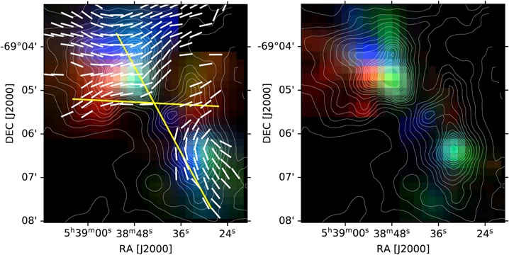 These images from the work are RGB images that help show both the magnetic fields and the movement of gas in 30 Doradus. The white lines in the left panel show the morphology of the magnetic fields. The yellow lines show redshifted and blueshifted gas and their axis. The different colours of gas show their different velocities. The left panel shows the observations for CII, the ionized carbon forbidden line. The right panel is similar to the left but is based on carbon monoxide. Image Credit: Tram et al. 2023. 