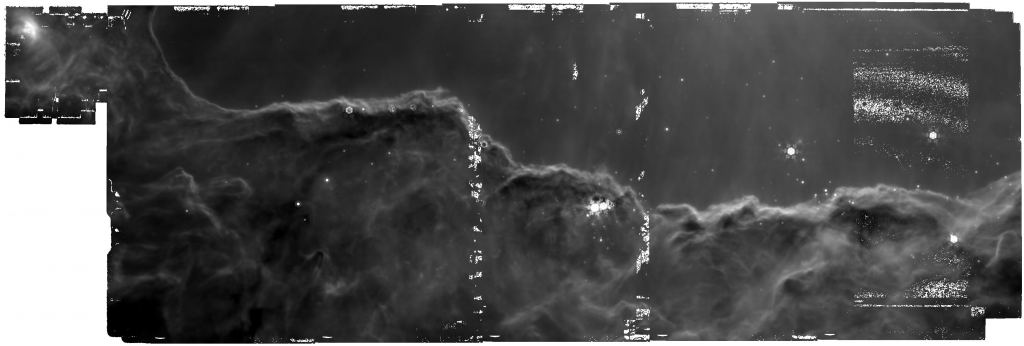 JWST capturó esta imagen sin procesar de NGC 3324, la Nebulosa Carina, con su instrumento MIRI y el filtro F1130W.  Solo comienza a tomar forma cuando se procesa y se combina con otras imágenes.  Credito de imagen.  NASA, ESA, CSA y STScI