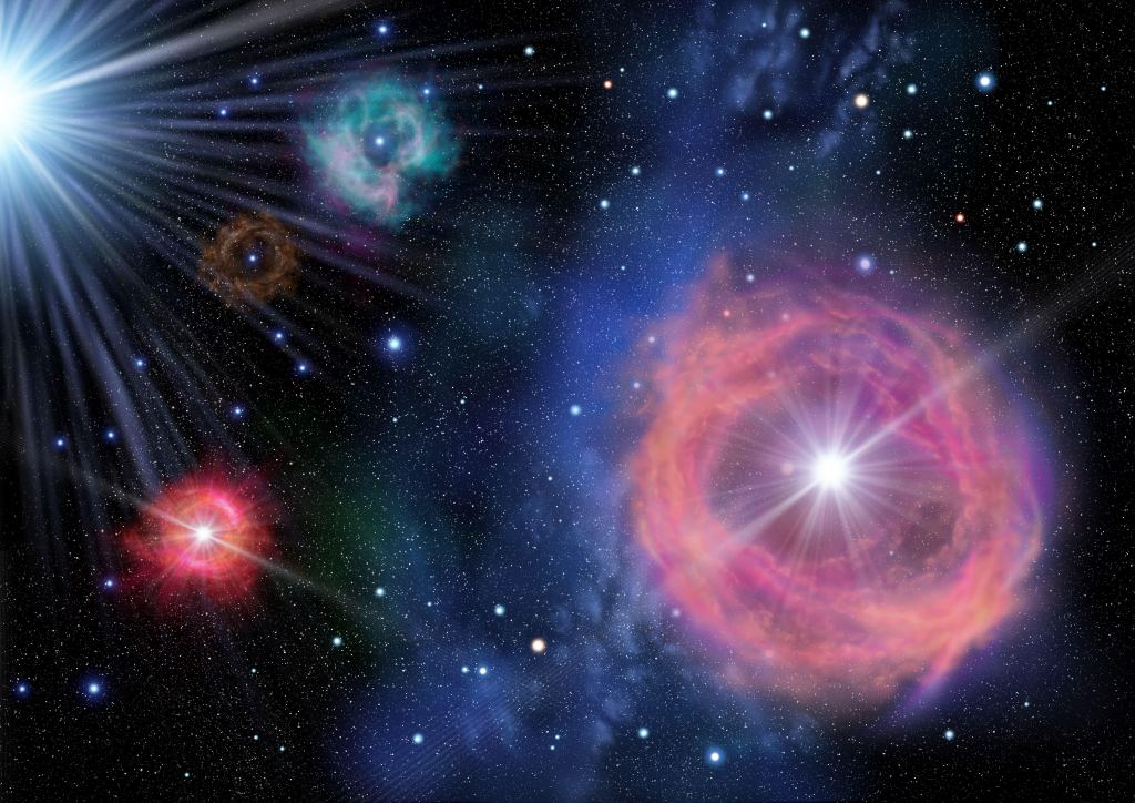 Artist's rendition of massive, luminous first-generation stars in the Universe. When they died, their supernova explosions produced dust. Credit: NAOC