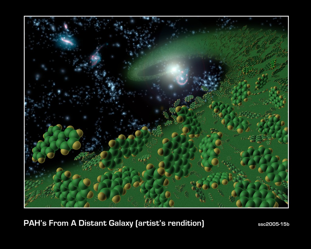El concepto de este artista representa simbólicamente las moléculas orgánicas complejas, conocidas como hidrocarburos aromáticos policíclicos, vistas en el universo primitivo.  Compuestas de carbono e hidrógeno, estas grandes moléculas son los componentes básicos de la vida.  El Telescopio Espacial Spitzer de la NASA detectó estas partículas en galaxias cuando el universo tenía unos 3.500 millones de años.  Ahora JWST lo ha encontrado en el pasado.  Crédito de la imagen: NASA/JPL-Caltech/T. Pyle (SSC)