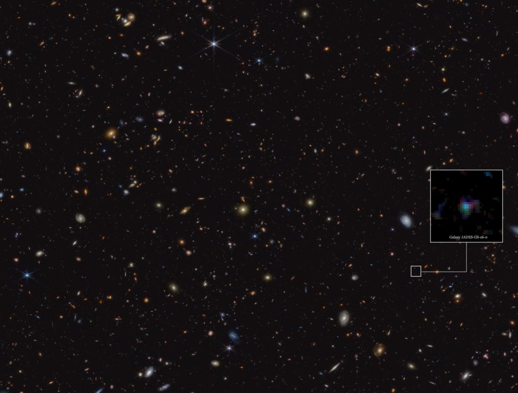 This image highlights the location of the galaxy JADES-GS-z6 in a portion of an area of the sky known as GOODS-South, which was observed as part of the JWST Advanced Deep Extragalactic Survey, or JADES. 