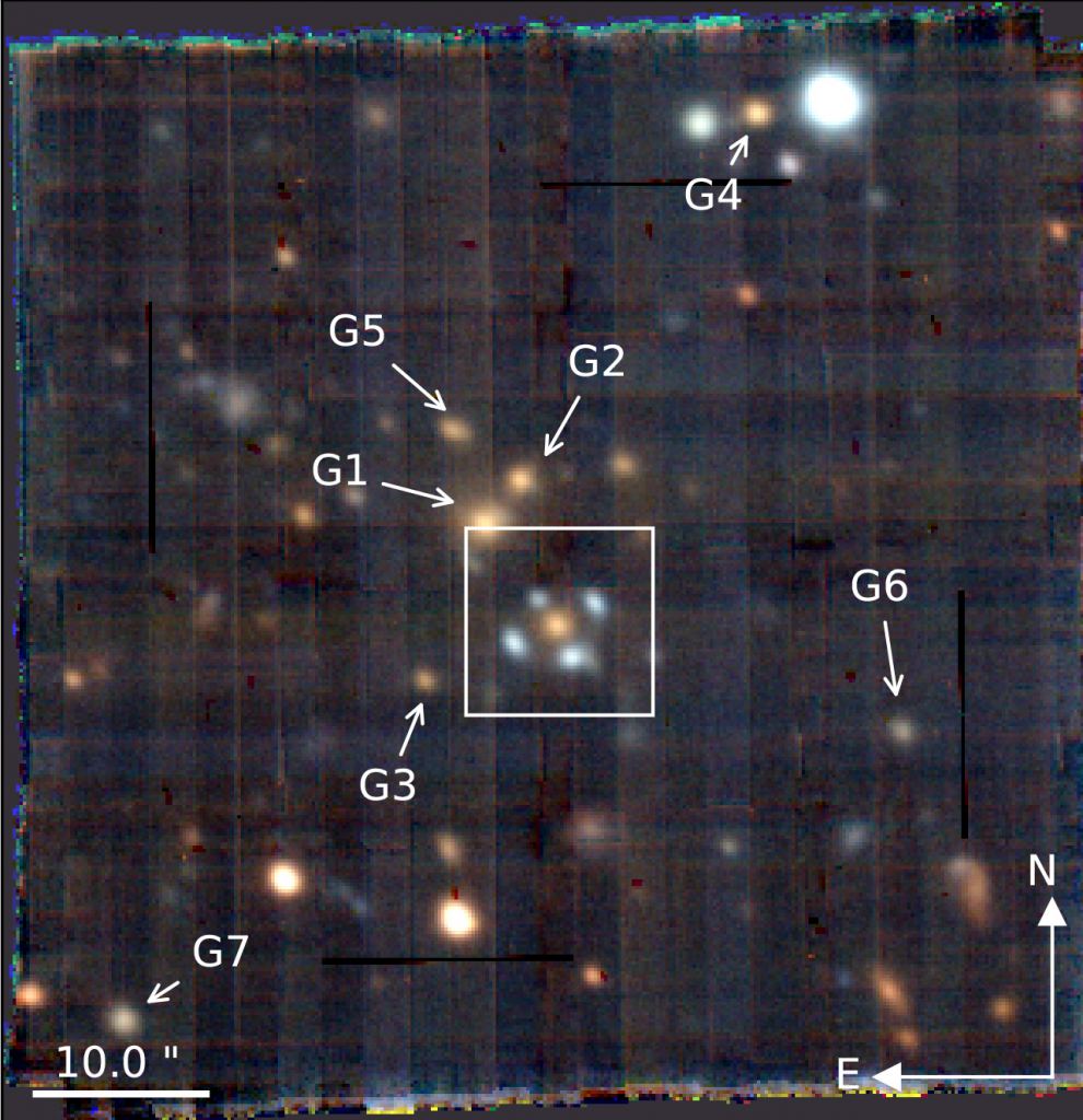 This is a color image of DESI-253.2534+26.8843 Einstein Cross, observed with MUSE on May 22, 2023. Other galaxies with similar redshifts are labeled G1-G7. The white square shows the area in the image below. Courtesy Aleksander Civotka.