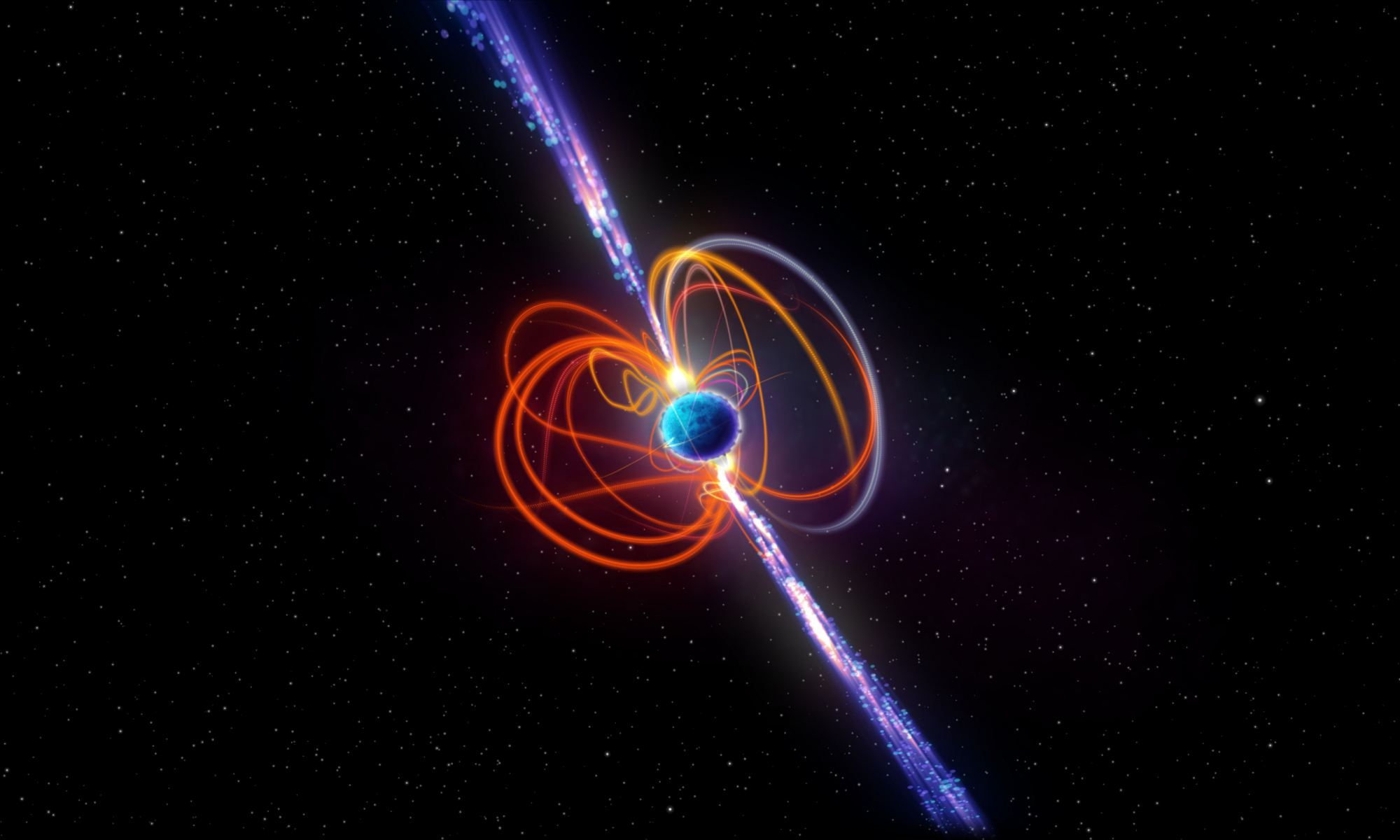 An artist’s impression of the ultra-long period magnetar—a rare type of star with extremely strong magnetic fields that can produce powerful bursts of energy. Credit: ICRAR