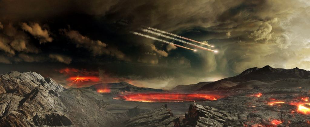 Artist concept of Earth during the Late Heavy Bombardment period. Scientists have wondered if E-type asteroids disturbed during giant planet migration could've been responsible for the Bombardment, but the authors of this research don't favour that explanation. Credit: NASA's Goddard Space Flight Center Conceptual Image Lab.