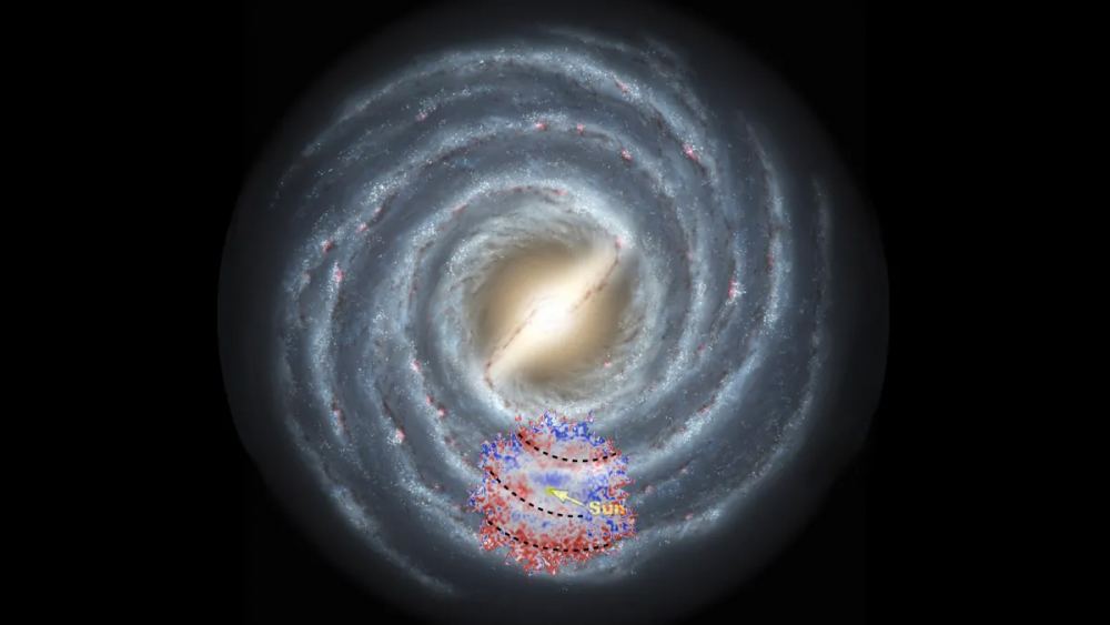A chemical map of the Milky Way Galaxy superimposed over a NASA Jet Propulsion Laboratory illustration of the Milky Way. Red and blue spots indicate objects with a high or low metallicity, respectively. High metallicity (red) corresponds to the presence of young stars, which are more abundant in spiral arms. Credit: K. Hawkins (UT Austin), NASA/JPL-Caltech/R. Hurt (SSC/Caltech).
