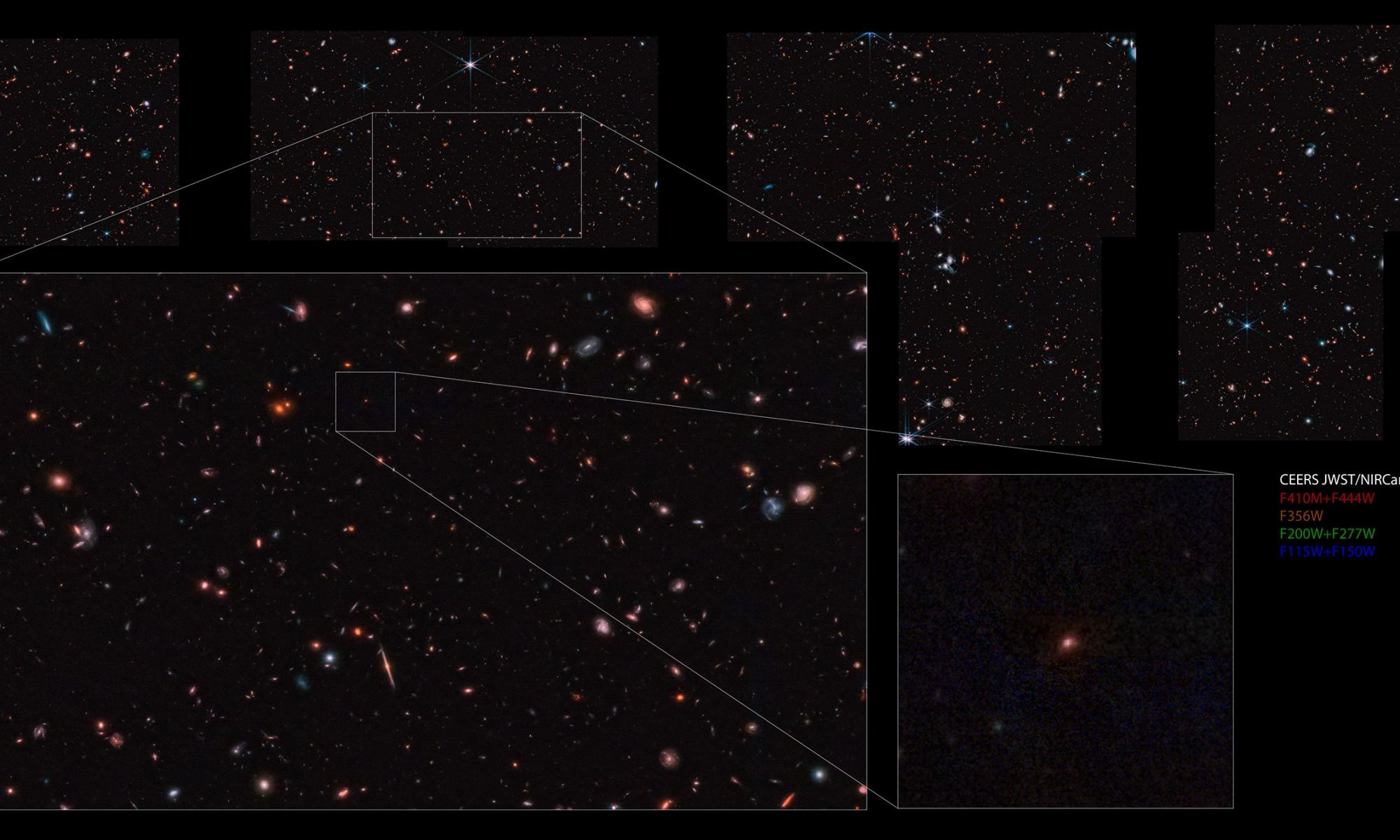 Scientists with the CEERS Collaboration have identified an object (Maisie’s galaxy) that may be one of the earliest and farthest galaxies ever observed. Credit: NASA/STScI/CEERS/TACC/S. Finkelstein/M. Bagley/Z. Levay.