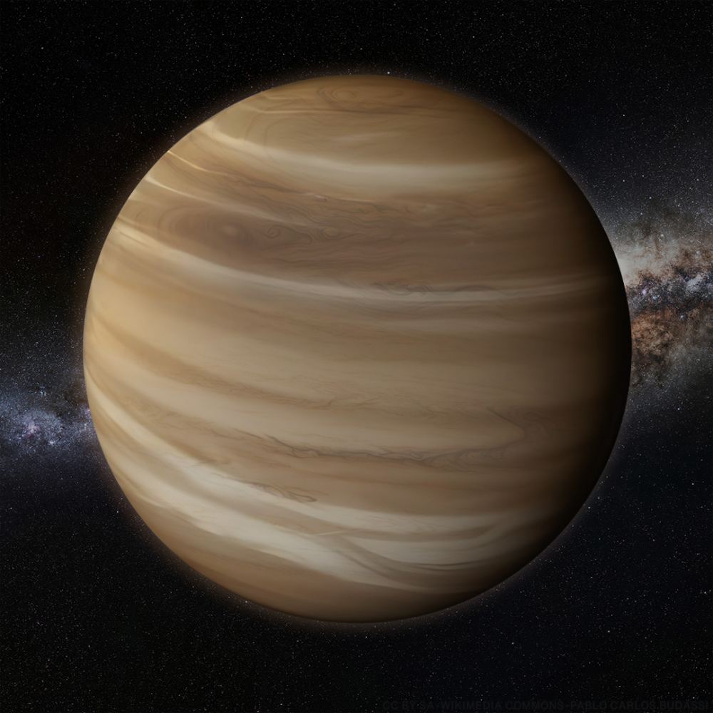 An artist's conception of a hot Neptune. TOI-1538b is a super-dense version of this type of exoplanet and its core is denser than steel. Courtesy Pablo Carlos Budassi, CC BY-SA 4.0.