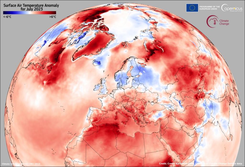 This visualization, based on data from the Copernicus Climate Change Service (C3S), shows the surface air temperature anomaly for July 2023 in Europe. With a deviation of over 0.7°C from the average of the years 1991 to 2020, July 2023 marks the warmest July ever recorded. Numerous regions in the Northern Hemisphere, particularly in southern Europe, went through severe heatwaves, with anomalies of +4ºC in Italy, Greece, and Spain. Additionally, North Africa and the Canadian Arctic saw notably high temperatures, reaching peak anomalies of +5 ºC and +7 ºC, respectively. 