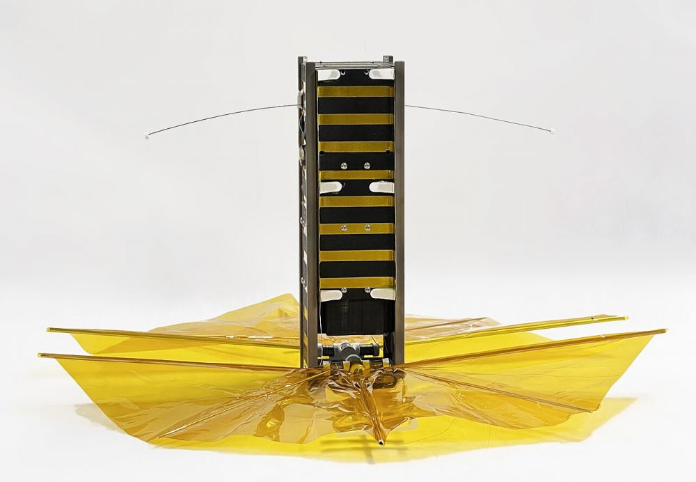 The SBUDNIC satellite with its drag sail made from Kapton polyimide film, designed and built by students at Brown reentered Earth's atmosphere five years ahead of schedule. Image courtesy of Marco Cross.