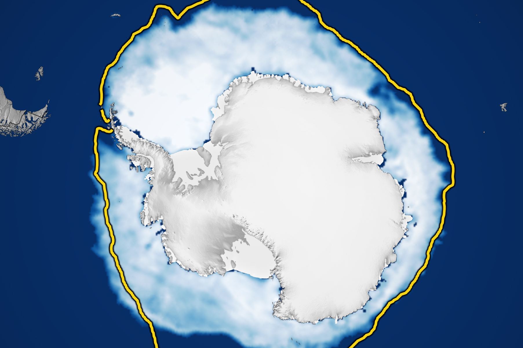 A map showing the expected amount of sea ice accumulation around Antarctica (yellow line) and the reality, which is much less. Courtesy NSIDC.