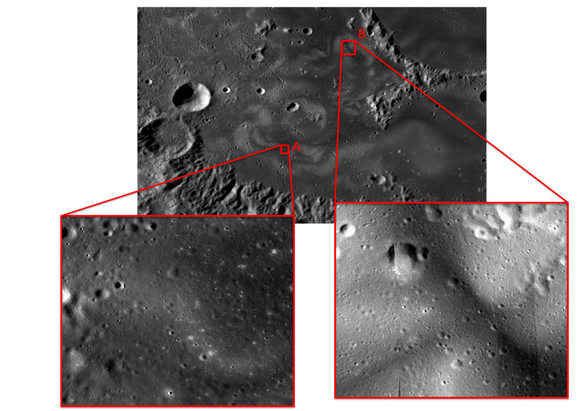 Closeups in Mare Ingenii of topology where lunar swirls are created by highly mobile regolith, deposited by more than one process. Courtesy PSI. 