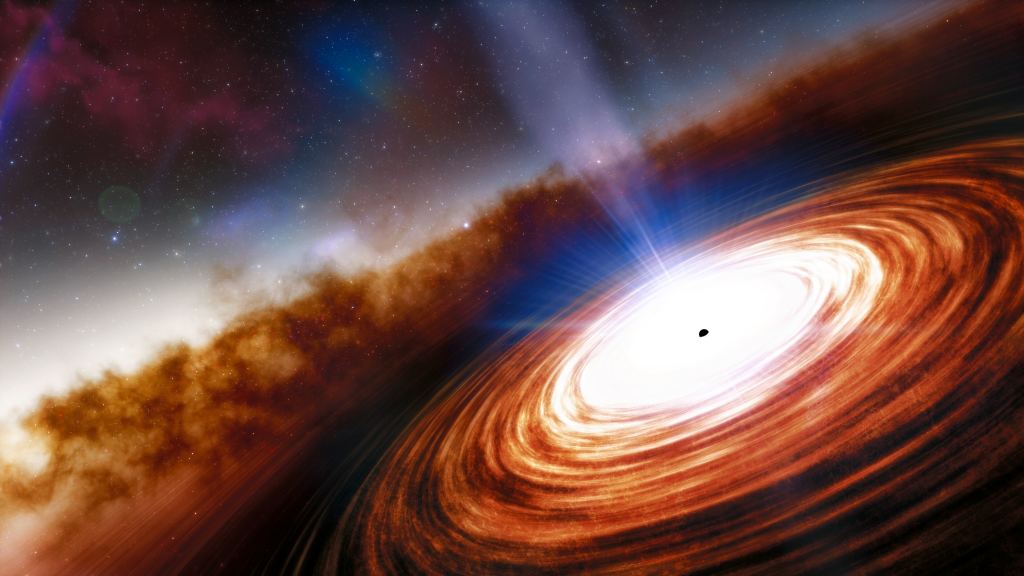 Artist's impression of an active supermassive black hole (SMBH) in the early universe. The Universe's early Pop III stars are likely the progenitors of SMBHs. Credit: NOIRLab/NSF/AURA/J. da Silva