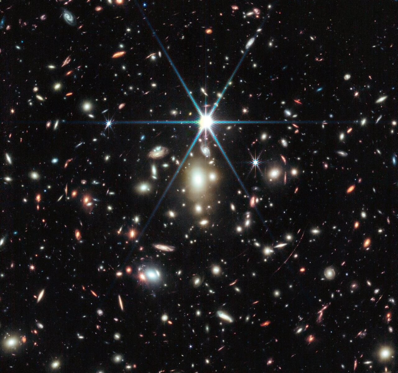 The massive galaxy cluster called WHL0137-08, which is gravitational lensing the most strongly magnified galaxy known in the Universe’s first billion years: the Sunrise Arc, and within that galaxy, the most distant star ever detected. The star is , nicknamed Earendel. NASA, ESA, CSA, D. Coe (AURA/STScI for ESA), Z. Levay
