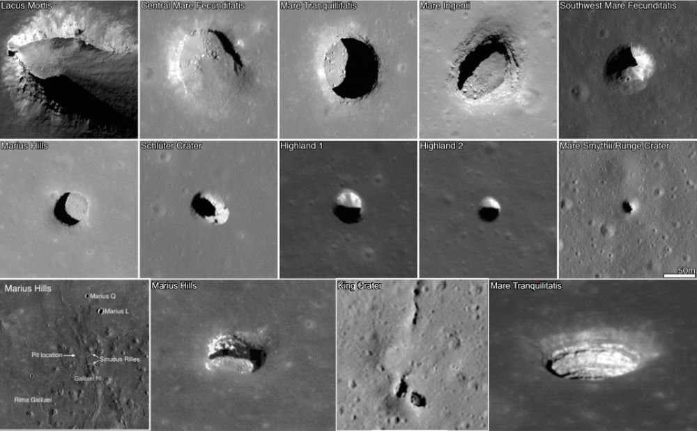 Lava tubes are natural shelters and could serve as Moon bases. These images from the Lunar Reconaissance Orbiter show pits on the lunar surface. The images are each 222 meters (728 feet) wide. Credit: NASA/GSFC/Arizona State University