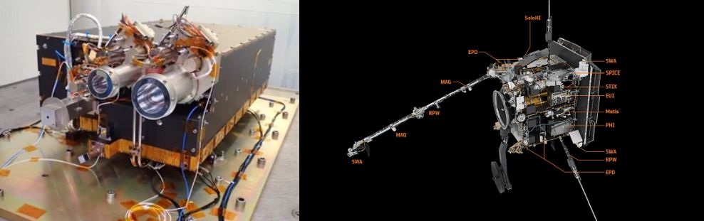 Left: the Extreme Ultraviolet Imager. Right: the Solar Orbiter with components labelled. <Click here for a larger image./> Image Credit: Max-Planck-Gesellschaft / ESA/ATG medialab