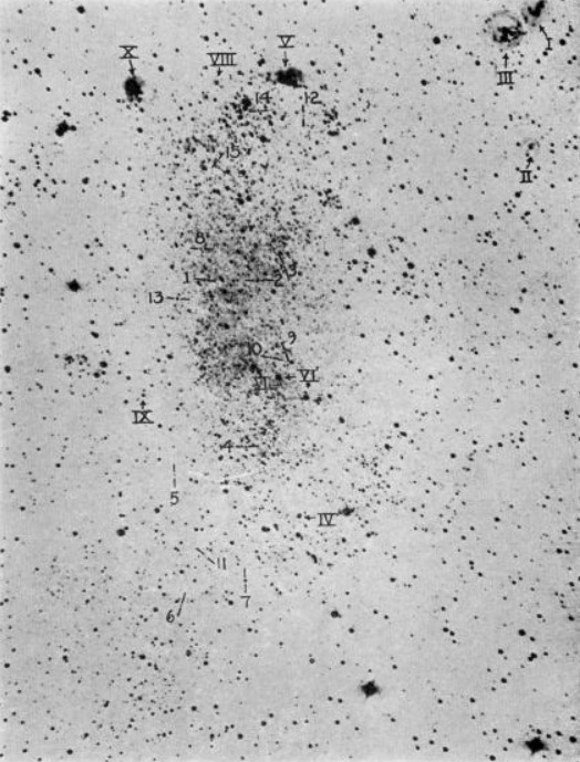 This image was captured by Edwin Hubble in 1925 with the 100-inch reflector at Mount Wilson Observatory. It's a three-and-a-half hour exposure. Some of the labelled parts are diffuse nebula. Image Credit: From "NGC 6822, a remote stellar system," by Edwin Hubble, Astrophysical Journal, 1925.