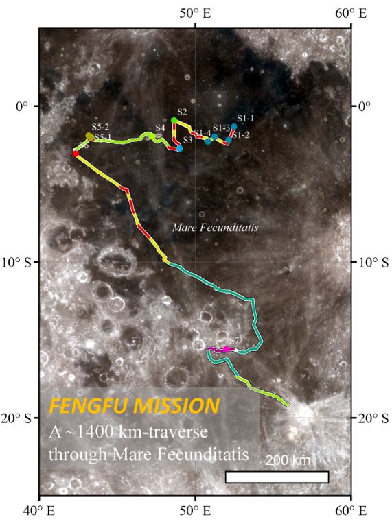 This image shows a proposed 1400 km traverse across the Moon's Mare Fecunditatis, a region rich in volcanic features, including lava tubes and the pit craters that could provide access. Image Credit: Zhao et al. 2022.