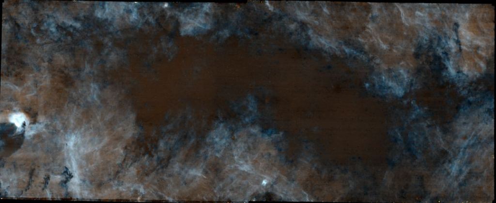 In this image of the bricks, the researchers used filters from the James Webb Space Telescope to remove all the stars.  The resulting image shows the dark cloud in the center, with blue being carbon monoxide.  JWST's powerful filter system makes such images possible.  Image credit: Ginsburg et al.  2023.