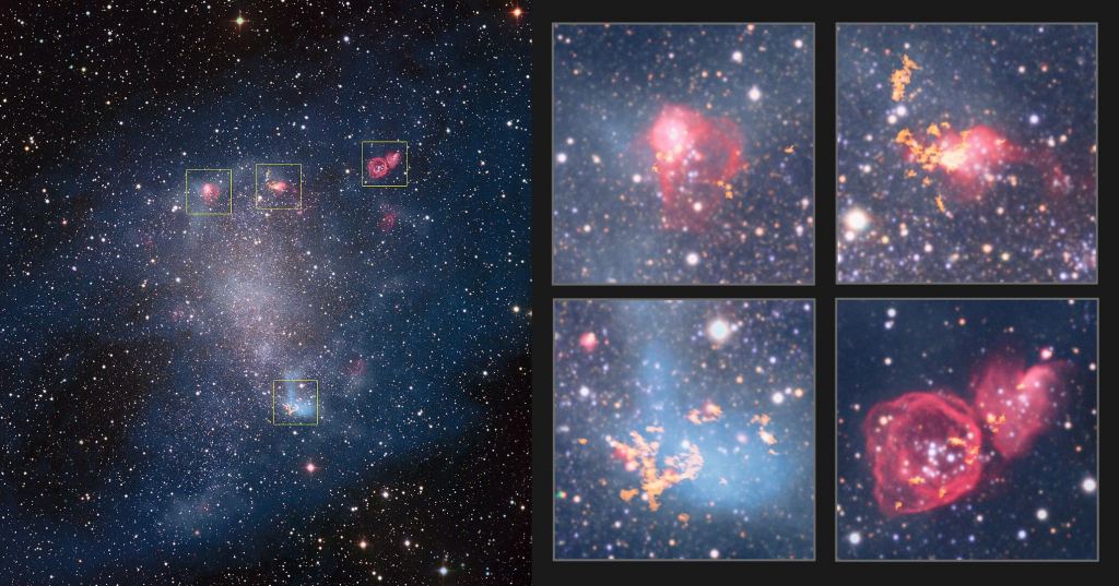 Prior to the JWST's mission, this was the type of image we had of NGC 6822. The image on the left is from the 2.2-meter MPG/ESO telescope, with star-forming regions in yellow boxes. On the right are ALMA images of each region. Needless to say, there's a dramatic difference between these images and the JWST's images. Image Credit: By ESO, ALMA (ESO/NAOJ/NRAO)/A. Schruba, VLA (NRAO)/Y. Bagetakos/Little THINGS - https://www.eso.org/public/images/potw1711a/, CC BY 4.0, https://commons.wikimedia.org/w/index.php?curid=57062248  