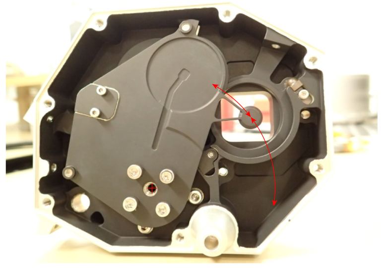 This image shows the small "thumb" added to the door of the Full Sun Imager, a part of the EUI. The occulting disk is held off the door lid by two supporting rods and is in position over the lens in this image. Rotating the lid around its axis (red cross) clockwise closes the door, and rotating it counter-clockwise opens it. Image Credit: Auchère et al. 2023.