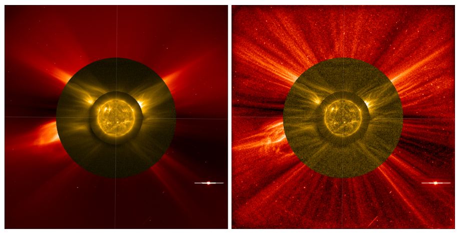 This figure from the study shows composite images from the EUI's Full Sun imager, and the one on the right was filtered to show more detail. Image Credit: Auchère et al. 2023. 