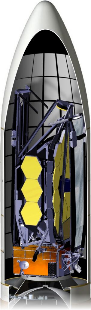 This illustration shows the JWST with its primary mirror folded origami-like inside the launch vehicle. Image Credit: ArianeSpace.com.