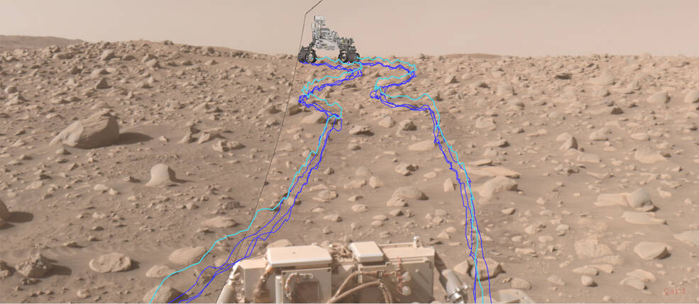To złożone zdjęcie pokazuje część problemów, z jakimi musi się zmierzyć AutoNav podczas podróży po Marsie.  Pokazuje ścieżkę Wytrwałości przez gęstą część skały.  Jasnoniebieska linia pokazuje ścieżkę, po której będzie podążał środek osi przednich kół, podczas gdy ciemnoniebieskie linie pokazują tory sześciu kół pojazdu.  Źródło: NASA/JPL-Caltech