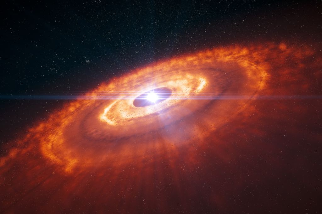 Representación artística de un disco protoplanetario en el que se están formando planetas.  Crédito: ESO/L.  Calzada