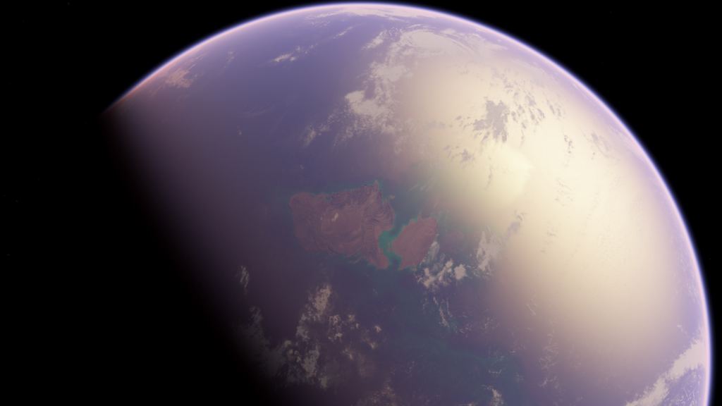 An artist's impression of Earth in the early Archean with a purple hydrosphere and coastal regions.  Even at this early stage, life was flourishing and becoming more complex.  Credit: Oleg Kuznetsov