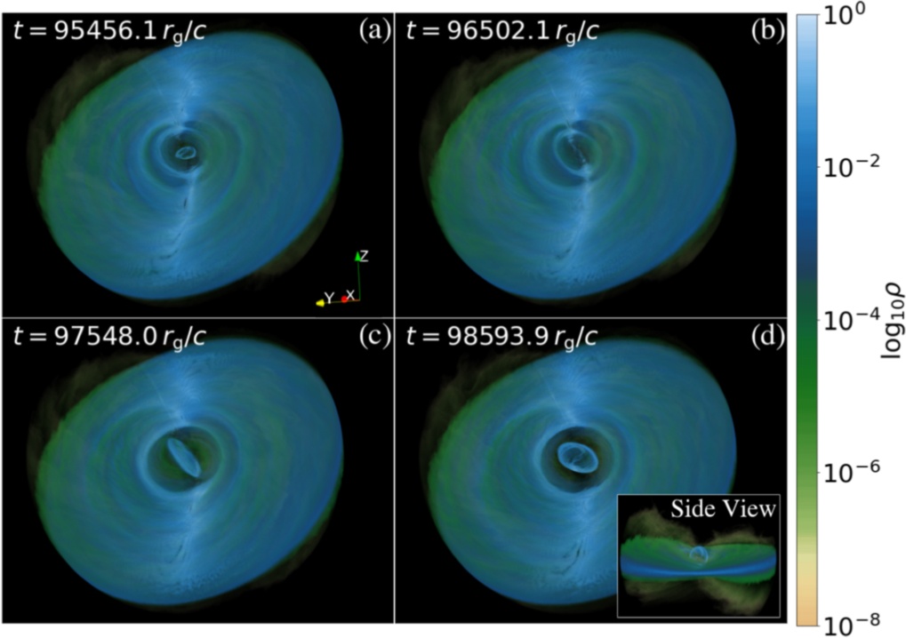 These screenshots from the simulation show the disk breaking into two: an inner sub-disk and an outer sub-disk. Image Credit: Kaaz et al. 2023.