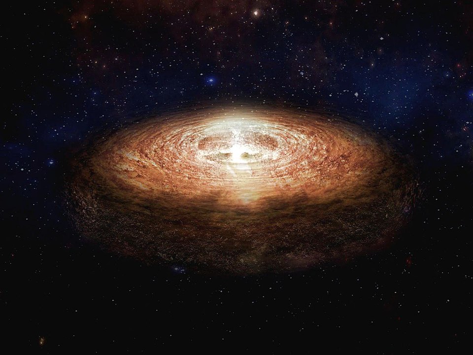 This is an artist's illustration of a synestia, a spinning mass of vaporized rock resulting from a collision between two planets. Image Credit: By Baperookamo - Own work, CC BY-SA 4.0, https://commons.wikimedia.org/w/index.php?curid=94053725