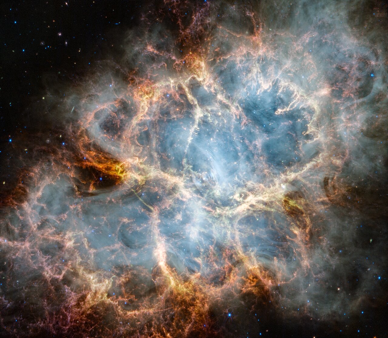 The NASA/ESA/CSA James Webb Space Telescope has gazed at the Crab Nebula in the search for answers about the supernova remnant’s origins. Webb’s NIRCam (Near-Infrared Camera) and MIRI (Mid-Infrared Instrument) have revealed new details in infrared light. Similar to the Hubble optical wavelength image released in 2005, with Webb the remnant appears to consist of a crisp, cage-like structure of fluffy red-orange filaments of gas that trace doubly ionised sulphur (sulphur III). Within the remnant’s interior, yellow-white and green fluffy ridges form large-scale loop-like structures, which represent areas where dust particles reside. The area is composed of translucent, milky material. This material is emitting synchrotron radiation, which is emitted across the electromagnetic spectrum but becomes particularly vibrant thanks to Webb’s sensitivity and spatial resolution. It is generated by particles accelerated to extremely high speeds as they wind around magnetic field lines. The synchrotron radiation can be traced throughout the majority of the Crab Nebula’s interior. Locate the wisps that follow a ripple-like pattern in the middle. In the centre of this ring-like structure is a bright white dot: a rapidly rotating neutron star. Further out from the core, follow the thin white ribbons of the radiation. The curvy wisps are closely grouped together, following different directions that mimic the structure of the pulsar’s magnetic field. Note how certain gas filaments are bluer in colour. These areas contain singly ionised iron (iron II). [Image description: An oval nebula with a complex structure against a black background. On the oval's exterior lie curtains of glowing red and orange fluffy material. Interior to this outer shell lie large-scale loops of mottled filaments of yellow-white and green, studded with clumps and knots. Translucent thin ribbons of smoky white lie within the remnant’s interior, brightest toward its centre.]