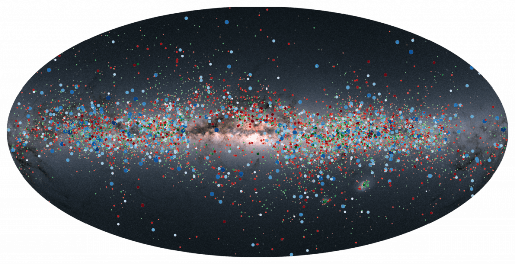 Each symbol on this skymap indicates the position of one of the sources in Gaia's data. Each one is colour-coded according to the type of variable star. Red are long-period variables (LPVs) whose variability is driven by the star pulsating. Green dots are so-called 'long secondary period' stars (LSPs), whose cause of variability is still debated but believed to be linked to a cloud of dust orbiting the star. Blue symbols are ellipsoidal variables: red giants that are part of a binary system with a dense, compact object distorted into an egg-like shape due to its companion's powerful gravitational pull. Image Credit: ESA/Gaia/DPAC, CC BY-SA 3.0 IGO. Acknowledgements: Michele Trabucchi, Nami Mowlavi and Thomas Lebzelter