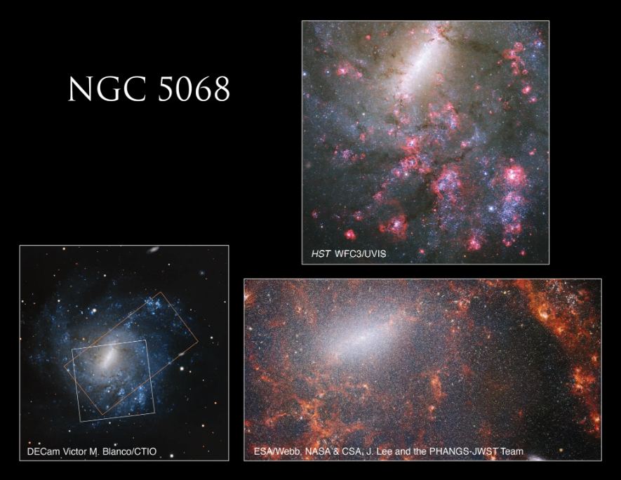 Three images of NGC 5068. The HST image at the top is in UV, visible, and infrared light. The bottom right JWST image is solely in the infrared, and the lower left image is from DECam and shows the Hubble image and the JWST image overlain on the galaxy. Image Credits: NASA, ESA, R. Chandar (University of Toledo), and J. Lee (STScI); Processing: Gladys Kober (NASA/Catholic University of America), DECam, Victor M. Blanco/CTIO, CSA, J. Lee and the PHANGS-JWST Team. 