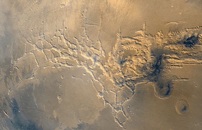 Noctis Labyrinthus on Mars as seen by Viking 1 orbiter. Courtesy NASA. 