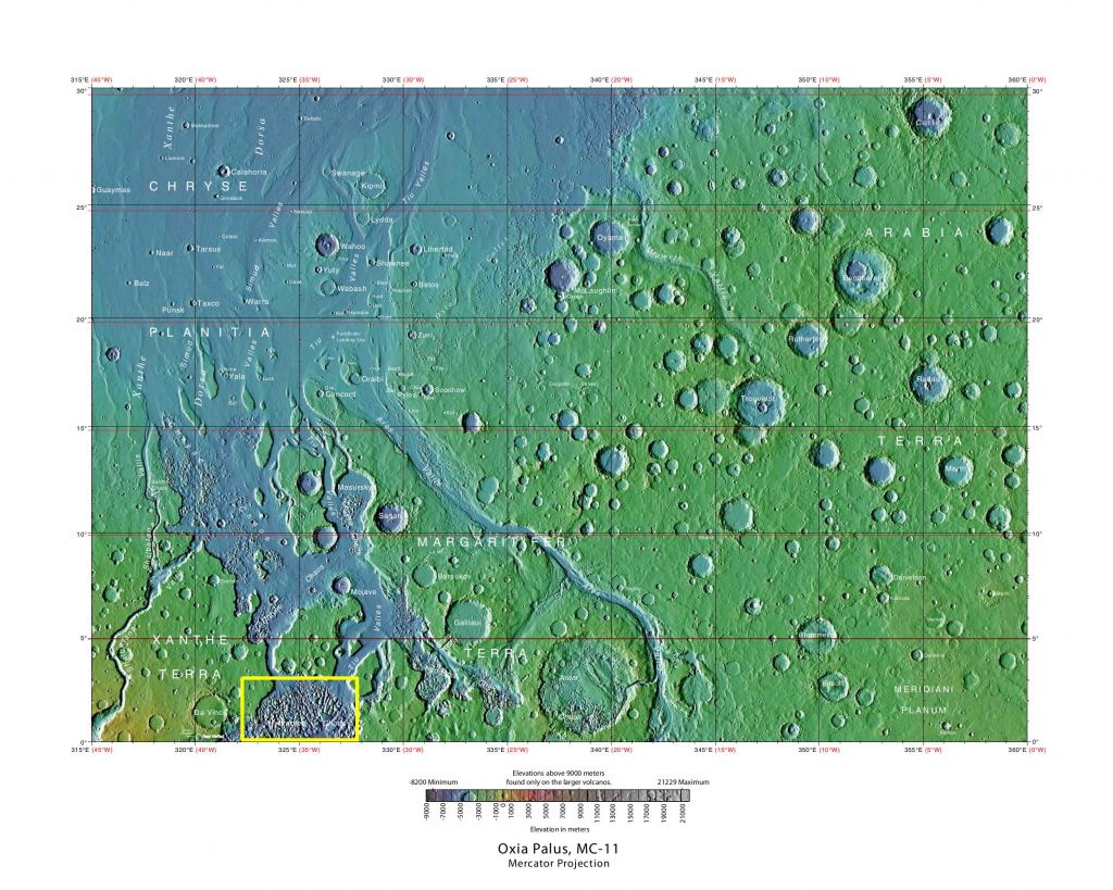 This is the Oxia Palus quadrangle, one of 30 quadrangle maps that the USGS uses. There are massive, ancient outflows in the region which attract scientific attention. But a new study says an area called Hydraotes Chaos, in the yellow box, is a better target because its the source of some of the sediments. A new study suggests this is a promising region to search for evidence of life. Image Credit: USGS
