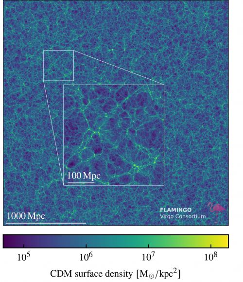 La densidad superficial de la materia oscura fría se modela en una porción del universo de 20 megaparsecs.  Esto es parte de la simulación de Flamingo.  Cortesía de Job Shay y otros
