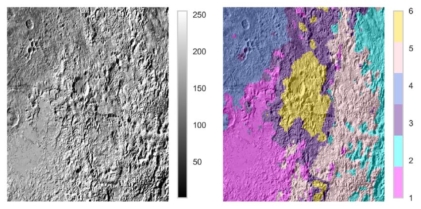 A high-resolution image of the Kiladze Crater region on Pluto (left) and a map of the spatial distribution of those surface units.  Courtesy Al Emran, NASA/JPL. 