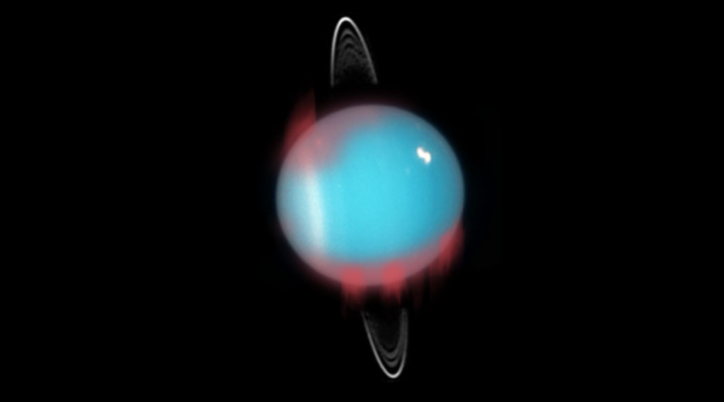 A simulation of the infrared auroras at Uranus. Credit: NASA, ESA and M. Showalter (SETI Institute) for the background image of Uranus