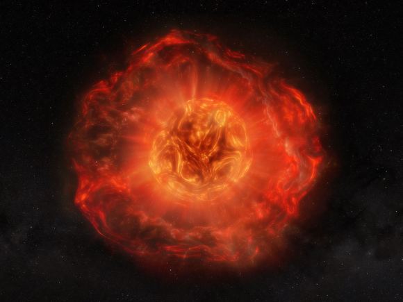 Artist's conception of pre-explosion mass loss by the progenitor star of SN 2023ixf. In the year prior to going supernova the red supergiant star now known as SN 2023ixf shed an unexpected amount of mass equivalent to the mass of the Sun. This artist's conception illustrates what the final stages of mass loss might have looked like before the star exploded.

Credit: Melissa Weiss/CfA