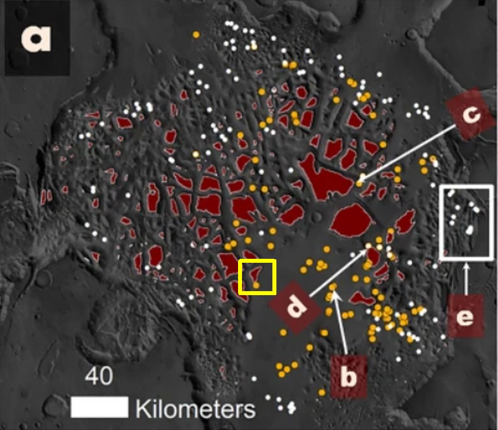 This figure from the research shows how what could be mud volcanoes (orange dots) and diapirs (white dots) are widespread. In both of these types of features, sediments could've breached the surface. The yellow box highlights the potential landing spot. Image Credit: Rodriguez et al. 2023/NASA.